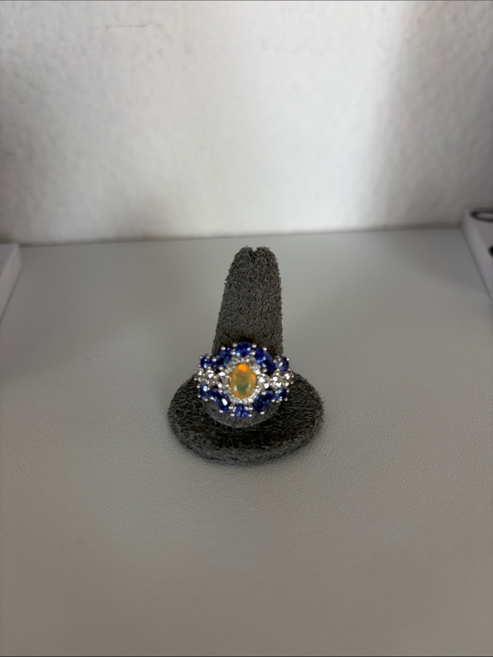 Opal & Sapphire Halo Cocktail Ring - Blue Opal Accent